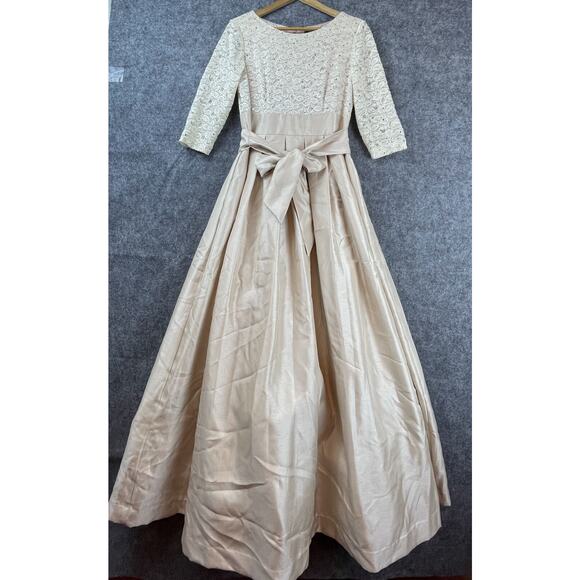 Jessica Howard Gown 10 Beige Lace Sequin Belted Bow Full Skirt Prom Dress Classy - Picture 1 of 7